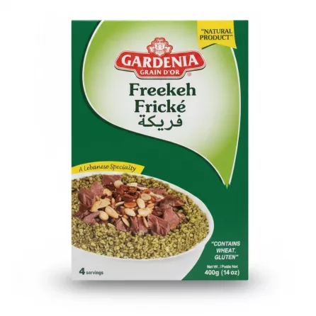 Front packaging of Gardenia Freekeh showing green roasted wheat dish with lamb and nuts