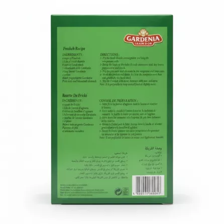 Back packaging with recipe and ingredients for Gardenia Freekeh