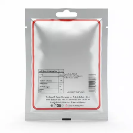 Back view showing nutritional info and ingredients of Abido Mahlab spice