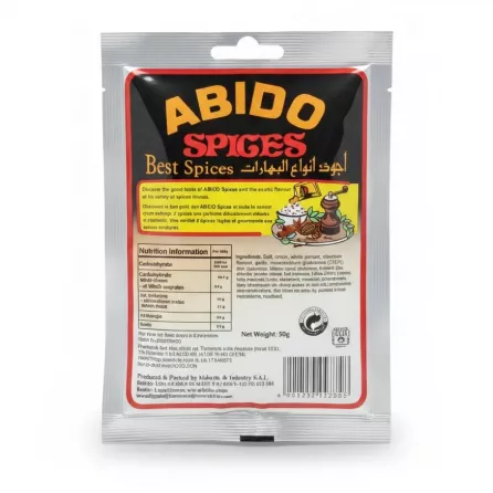 Back packaging of Abido Fahita Spices with ingredients and nutrition info