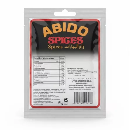 Abido Nutmeg 20g spice sachet back packaging with ingredients and nutrition info