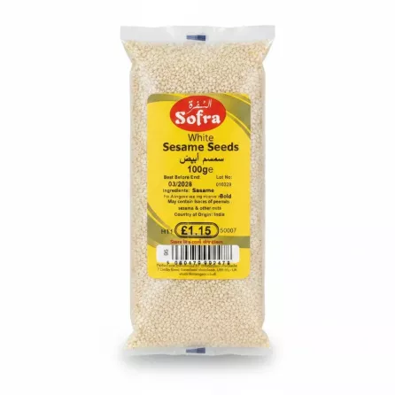 Pack of Sofra White Sesame Seeds showing seeds through clear packaging