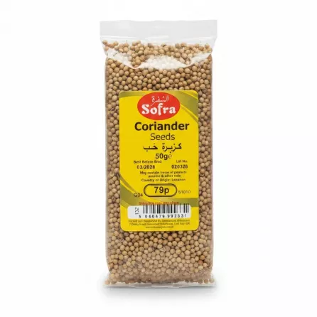 Pack of Sofra Coriander Seeds in clear plastic packaging with yellow label