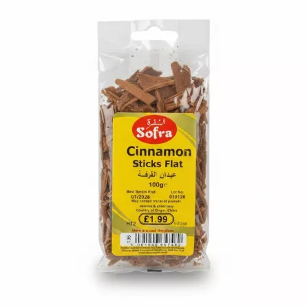 Clear pack of Sofra Cinnamon Sticks Flat showing flat shaped cinnamon pieces