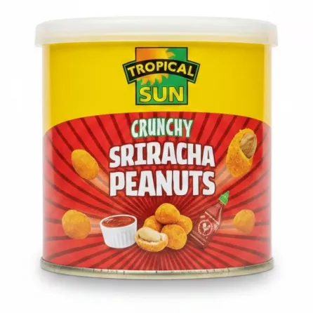 Tropical Sun Crunchy Sriracha Peanuts tin front label