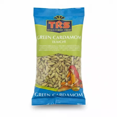Packet of TRS Green Cardamom Elaichi showing green cardamom pods