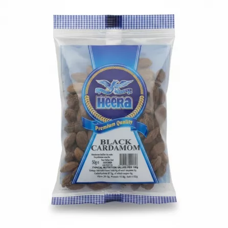 Heera brand black cardamom whole pods in resealable packet