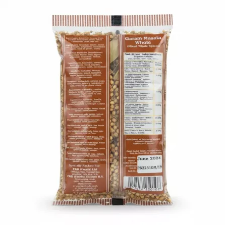 Back of Heera Garam Masala Whole package showing ingredients and nutrition info