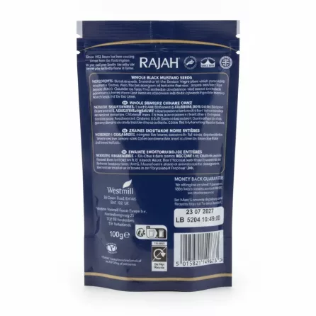 Rajah Whole Black Mustard Seeds pack 100g back with ingredients and barcode