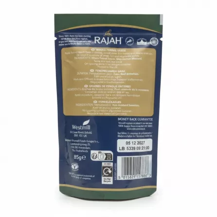 Rajah Saunf Whole Fennel Seeds 85g resealable pouch back with ingredients and storage details