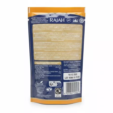 Rajah Chicken Seasoning 100g back pack with ingredients and nutrition info