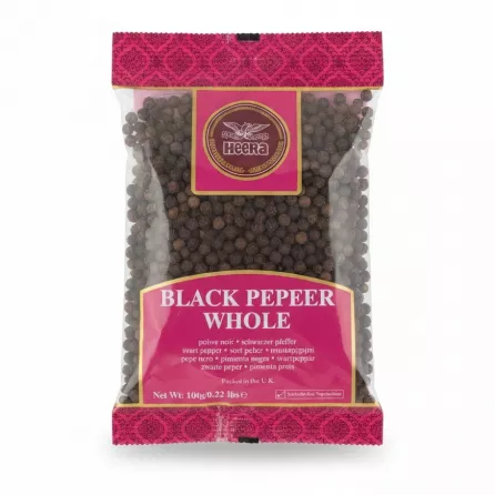 Packet of Heera brand whole black peppercorns with pink and gold packaging