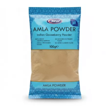 Packaged Top-Op Amla Indian Gooseberry Powder in blue and transparent bag