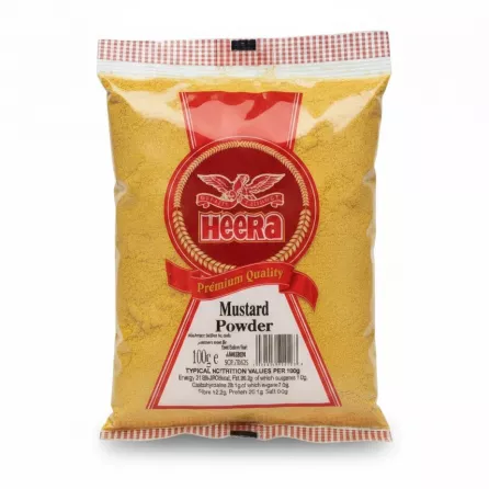Pack of Heera Mustard Powder with red and transparent packaging showing finely ground mustard
