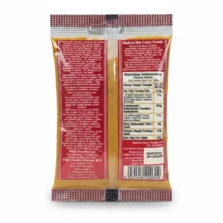 Heera Madras Hot Curry Powder pack back view with ingredients and nutrition