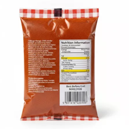 Back view of Heera extra hot chilli powder with nutritional info and barcode