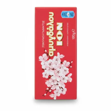 ION milk chocolate bar with almonds in floral red packaging