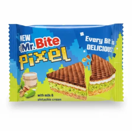 Mr. Bite Pixel wafer packaging front showing pistachio cream wafer