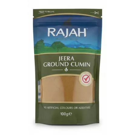 Front packaging of Rajah Jeera Ground Cumin 100g pouch