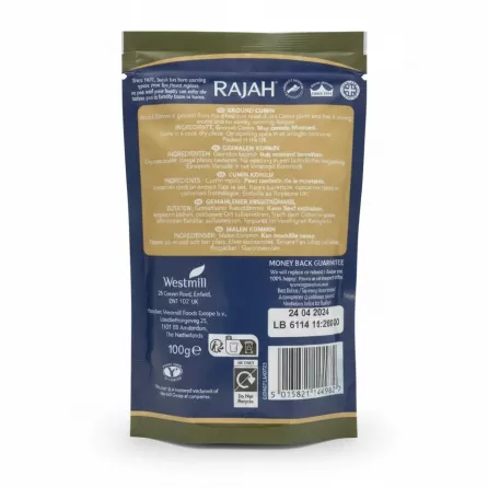 Back packaging with ingredients and storage details of Rajah Jeera Ground Cumin