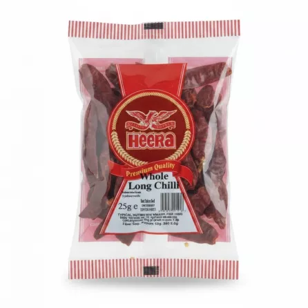 Front view of Heera premium whole long chilli 25g pack