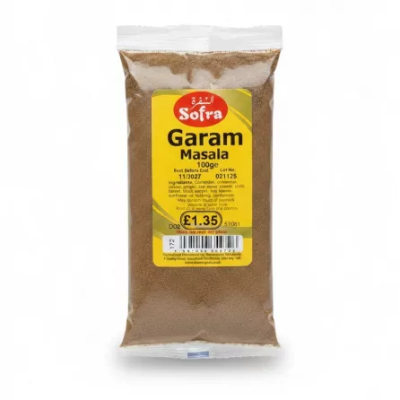 Sofra Garam Masala 100g spice mix pack with yellow label on clear bag