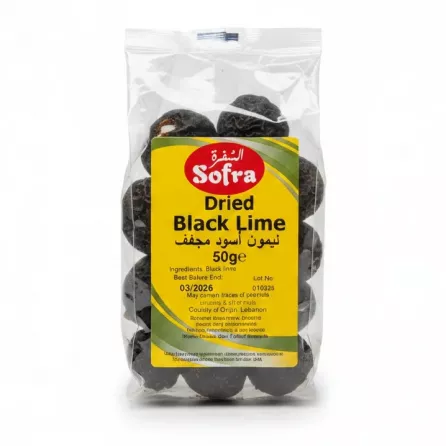 Package of Sofra dried black limes on a white background