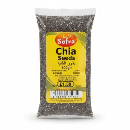 Sofra brand chia seeds 100g resealable bag showing product label and contents