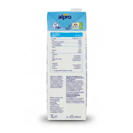 Nutrition facts and ingredients details on Alpro soya drink carton