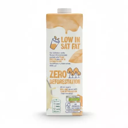 Alpro vanilla flavour soya drink carton side with product benefits