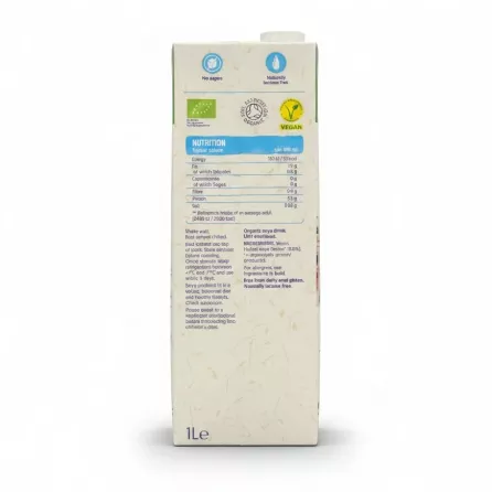 Nutritional and ingredient information on Alpro organic soya drink carton
