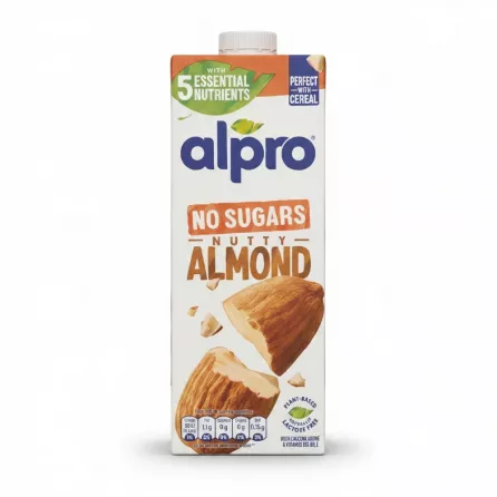 Alpro Nutty Almond No Sugars plant based almond milk carton front view