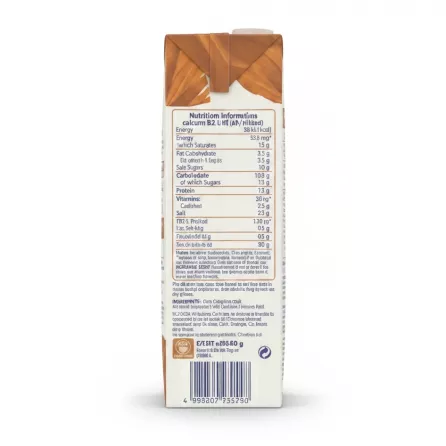 Nutritional information and ingredients list on Alpro almond milk carton side