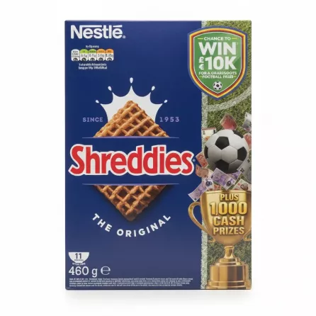Nestlé Shreddies The Original cereal box front with serving size and promotion