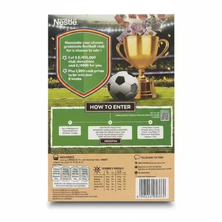 Nestlé Shreddies cereal box back with ingredients, nutrition info and contest details