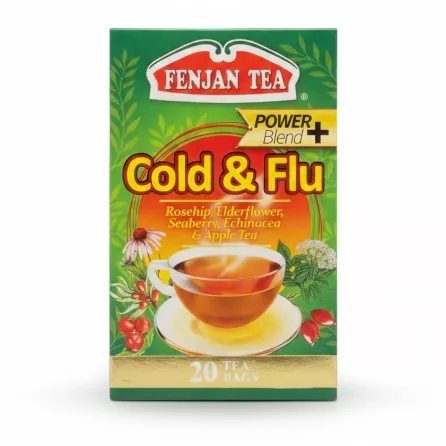 Fenjan Tea Cold & Flu box with price tag and cup of tea illustration