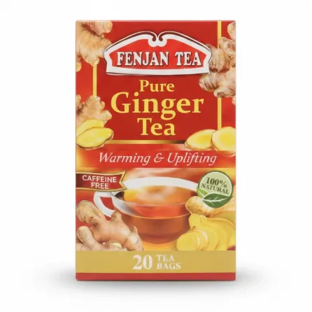 Fenjan Pure Ginger Tea box with tea cup and ginger illustrations