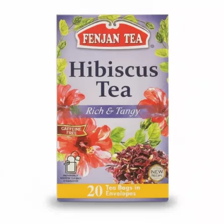Fenjan Hibiscus Tea packaging with no price tag, showcasing rich floral design