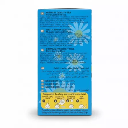 Back of Fenjan Tea Pure Camomile Tea box with preparation instructions and ingredients