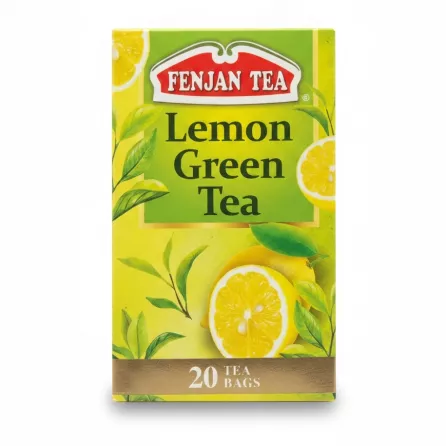 Box of Fenjan Lemon Green Tea with lemon and green leaves design