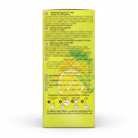 Back side of Fenjan Lemon Green Tea box with ingredients and preparation instructions
