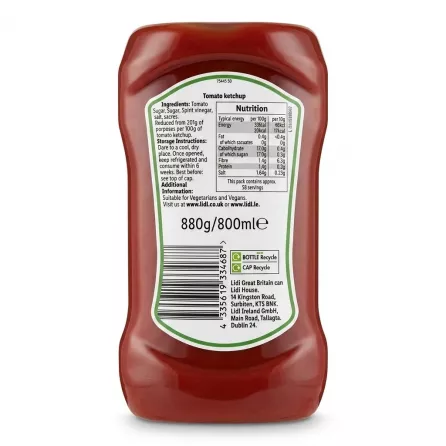 Enhanced Back label of Batts Original Tomato Ketchup 880g bottle showing nutritional information and barcode