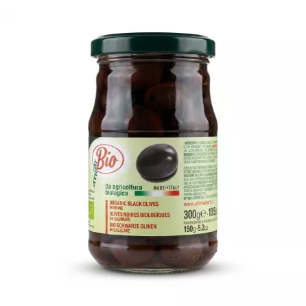 Enhanced Side label showing organic certification on Attinà & Forti Bio Whole Black Olives jar