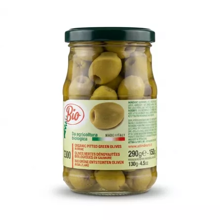 Enhanced Back label showing ingredients and details of Attinà & Forti Bio Pitted Green Olives