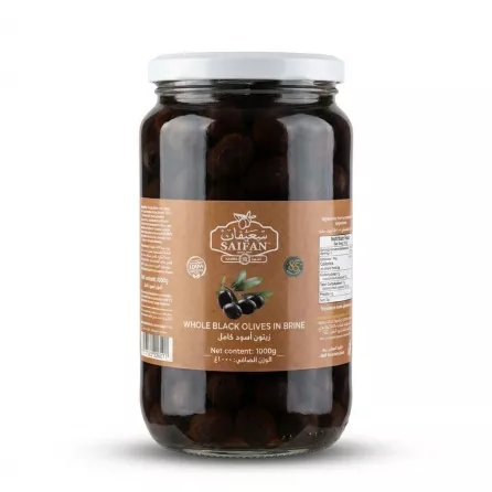 Enhanced Saifan whole black olives in brine 1kg front label