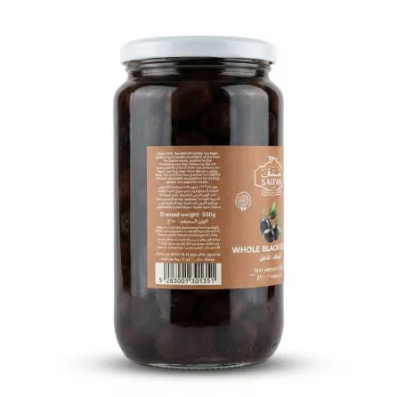 Enhanced Saifan whole black olives in brine 1kg back label with story and barcode