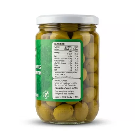 Enhanced Back view of ingredients and nutrition on Sahha Colossal Green Olives jar