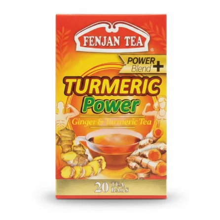 Fenjan Tea Turmeric Power box front view with ginger and turmeric root illustrations
