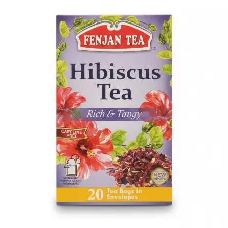 Front view of Fenjan Hibiscus Tea box featuring floral artwork and product details