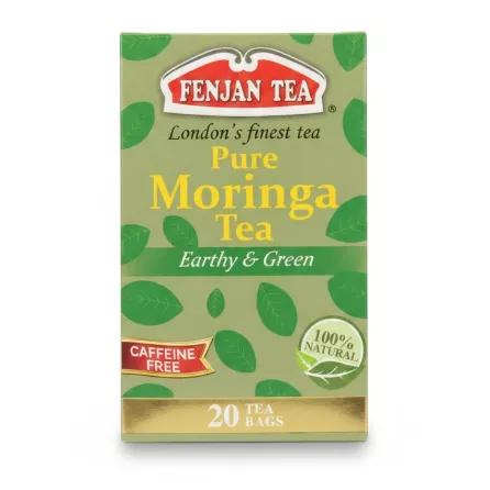 Front view of Fenjan Pure Moringa Tea box showing branding and leaf design